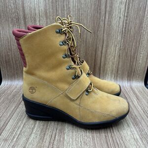 Timberland Womens Tan Leather Wedge Combat Lace Up Boots Size 11